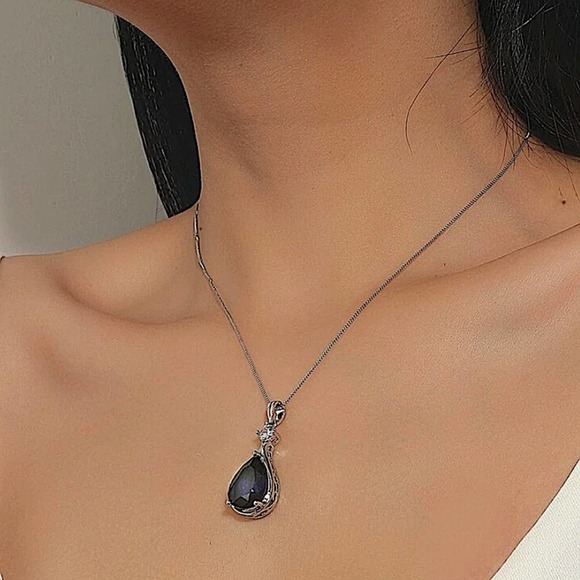 NEW STERLING SILVER BLUE SAPPHIRE PENDANT NECKLACE - Picture 2 of 3